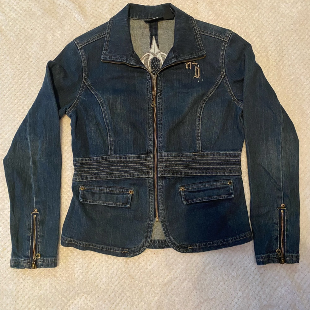 Women's Rhinestone Harley Davidson Blue Jean Jacket Full Zip Size Medium